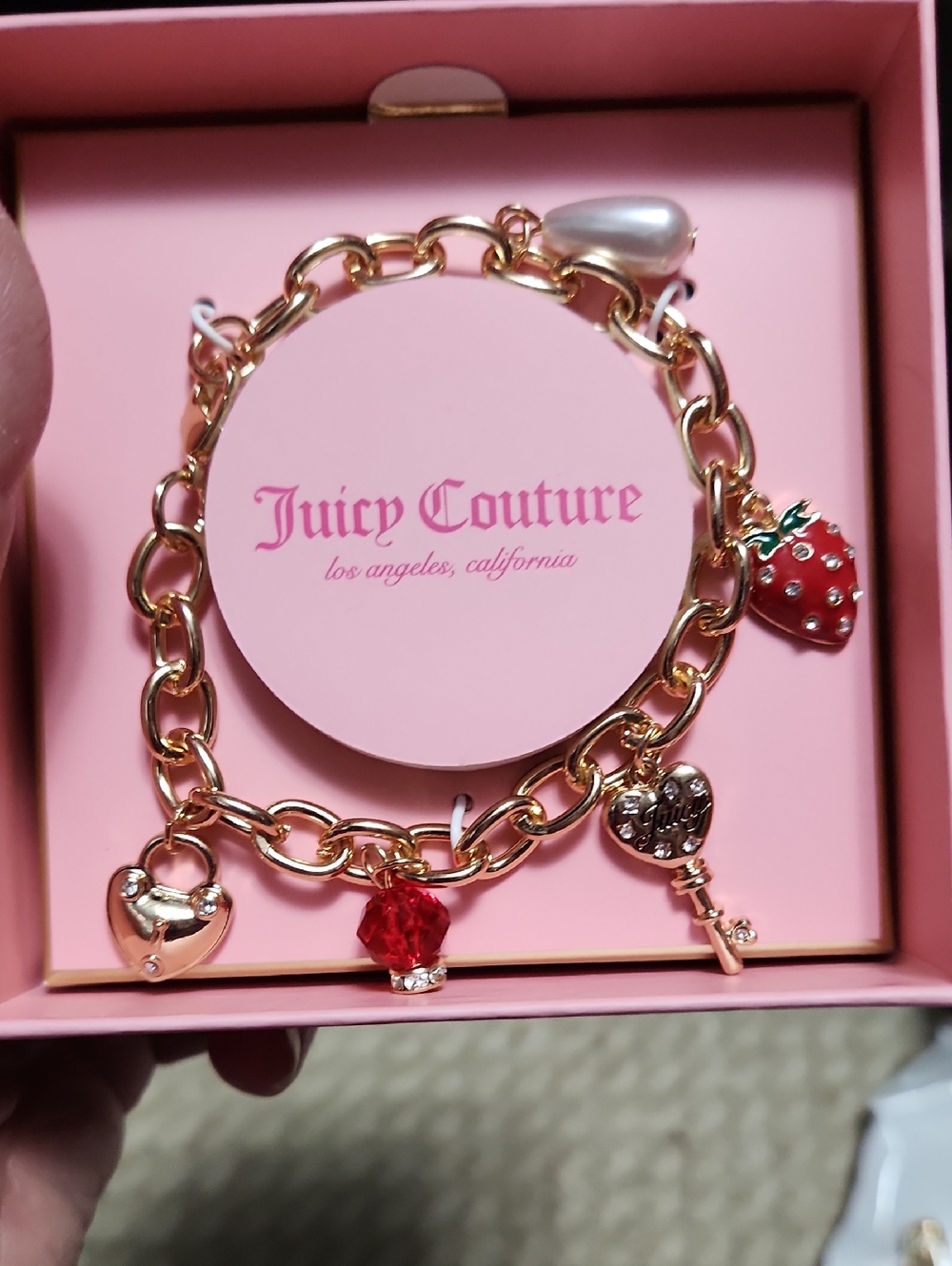 Juicy Couture Gold Charm Bracelet with Red & Pearl Accents